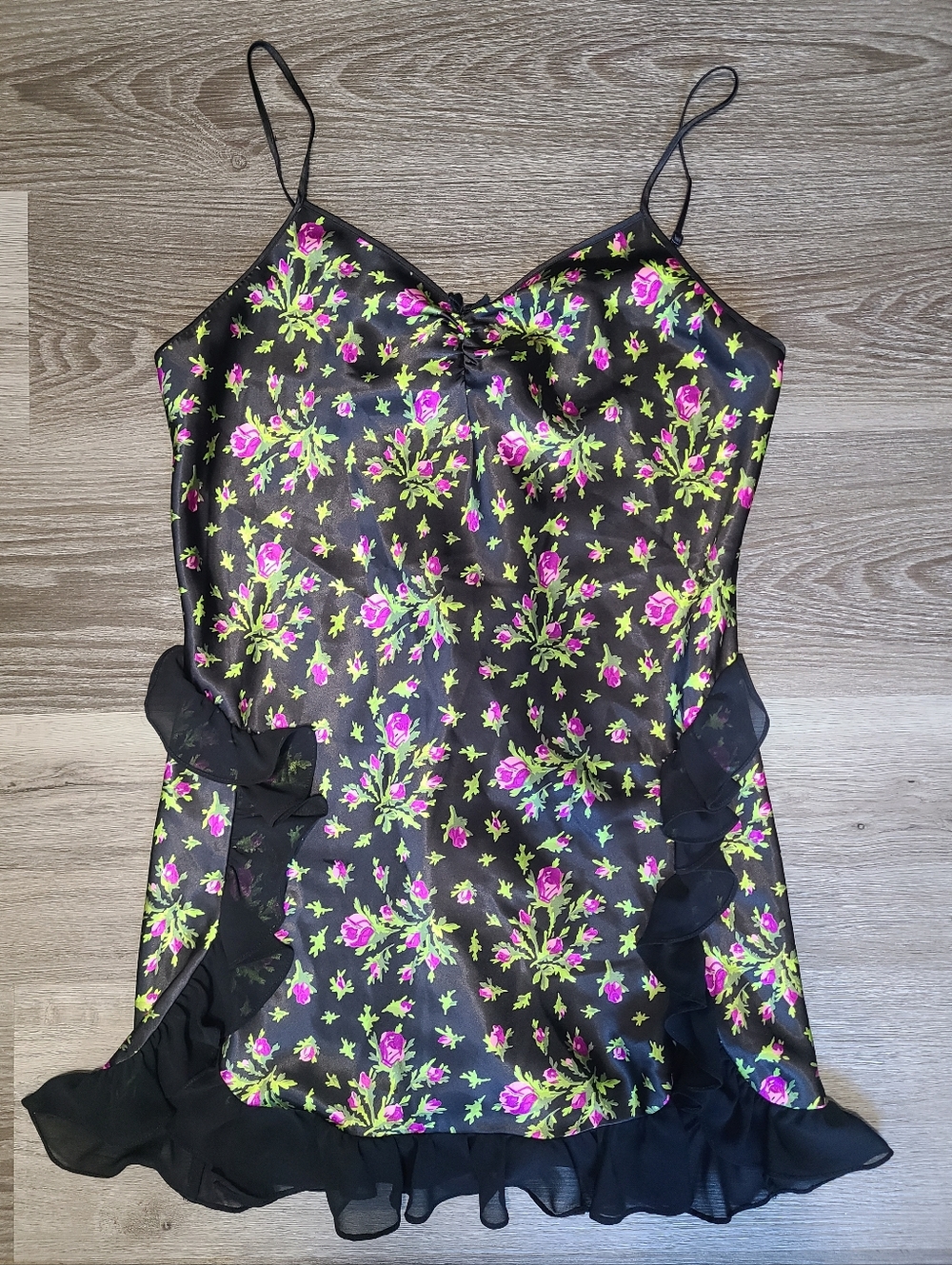 Betsy Johnson Floral Satin Slip Dress with Ruffle Trim Size L